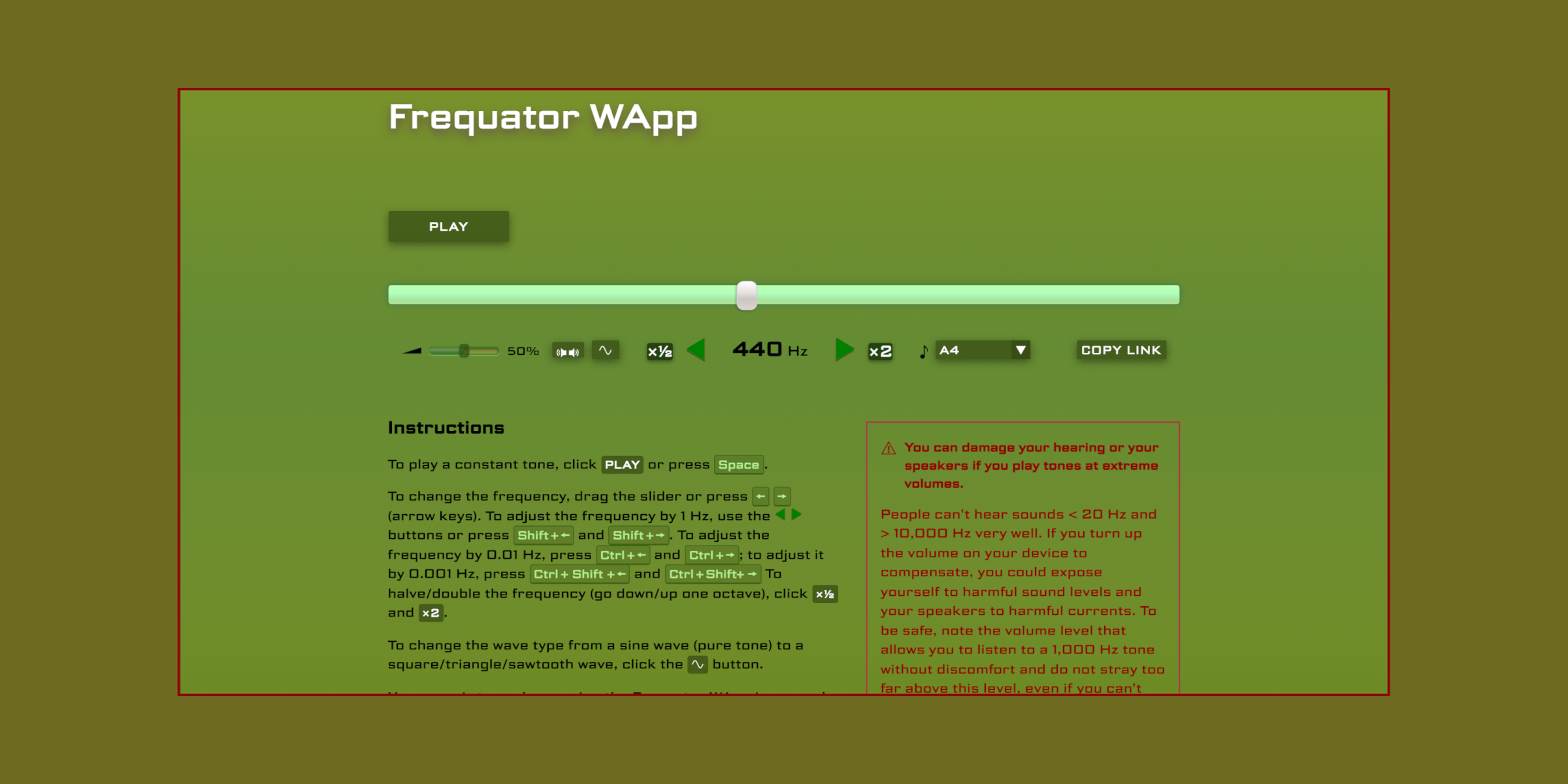 Screenshot of the Online Tone Generator